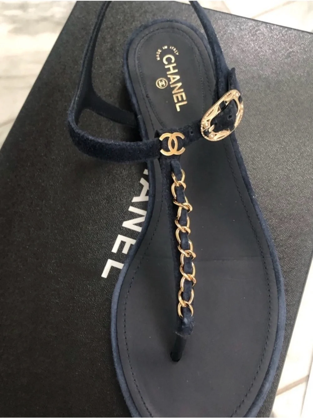 CHANEL Suede Calfskin Thong Sandals 38.5 Navy Blue